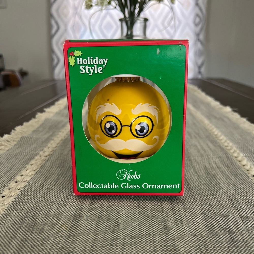 Krebs Glass Collectable Ornament Yellow Emoji With Glasses & Moustache